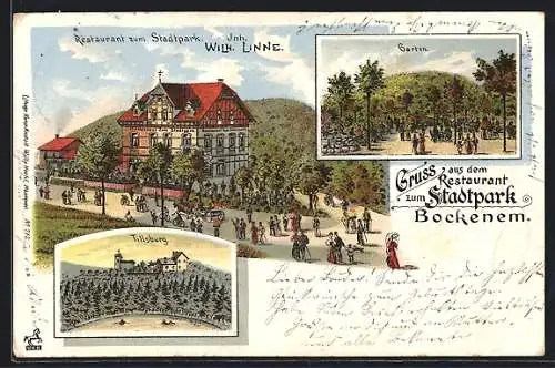 Lithographie Bockenem, Restaurant zum Stadtpark v. W. Linne mit Gartenlokal, Tillsburg, Pferdekutsche