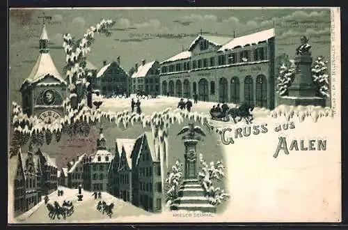 Winter-Lithographie Aalen, Spritzenhaus-Platz mit Spritzen-Lokal Waage, Turnhalle, Schubart-Denkmal, Rathaus-Thurm
