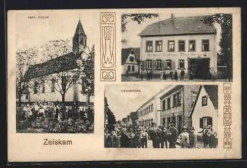 AK Zeiskam, Gasthaus Jägerlust, Hauptstrasse mit Versammlung, Kath. Kirche