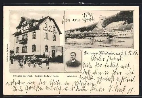 AK Dürrmenz-Mühlacker, Gasthaus zur Post L. Neck, Portrait L. Neck, Brückenpartie mit Burg-Panorama