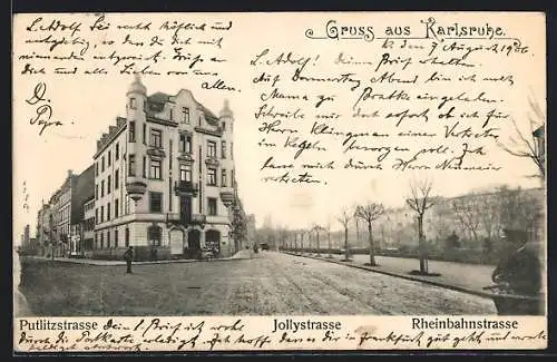 AK Karlsruhe, Jollystrasse mit Abzweig Putlitzstrasse von der Rheinbachstrasse aus, mit Turm-Eckhaus