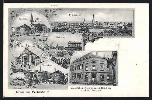 AK Freinsheim, Bahnhof, Colonial- u. Materialwaren Adolf Drescher, Elisentor, Ortsansicht