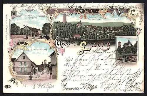 Lithographie Lissberg, Gasthaus Reinh. Nies, Gasthaus Darmstädter Hof mit Strasse und Turm, Totalansicht