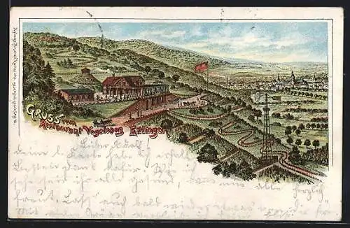 Lithographie Ettlingen, Restaurant Vogelsang und Umgebung