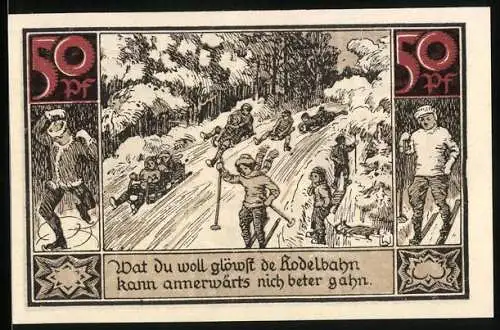 Notgeld Fürstenberg i. Meckl. 1921, 50 Pfennig, Kinder auf der Rodelbahn, Gutschein