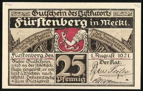 Notgeld Fürstenberg i. Meckl. 1921, 25 Pfennig, Dampfer auf der Havel, Gutschein