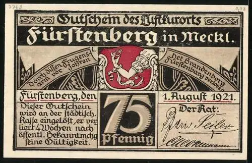 Notgeld Fürstenberg i. Meckl. 1921, 75 Pfennig, Angler am See, Gutschein