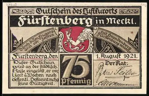 Notgeld Fürstenberg i. Meckl. 1921, 75 Pfennig, Angler am See, Gutschein