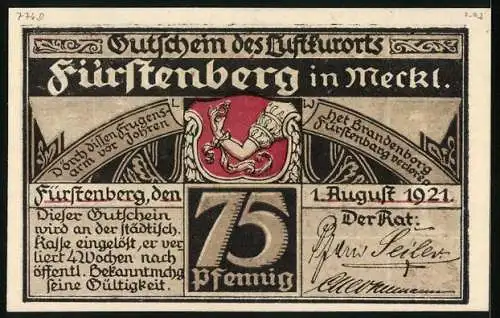 Notgeld Fürstenberg i. Meckl. 1921, 75 Pfennig, Altdeutsche Stube im Goldnen Löwen, Gutschein