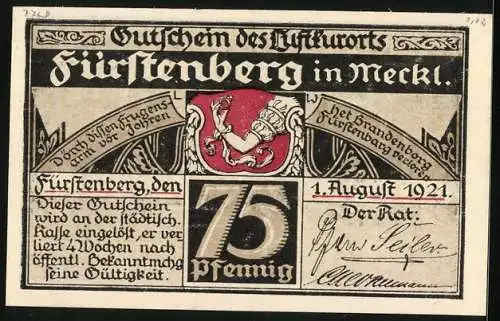 Notgeld Fürstenberg i. Meckl. 1921, 75 Pfennig, Altdeutsche Stube im Goldnen Löwen, Gutschein