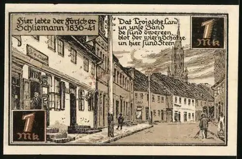 Notgeld Fürstenberg i. Meckl. 1921, 1 Mark, Wohnhaus des Forschers Schliemann in den Jahren 1836 - 41, Gutschein