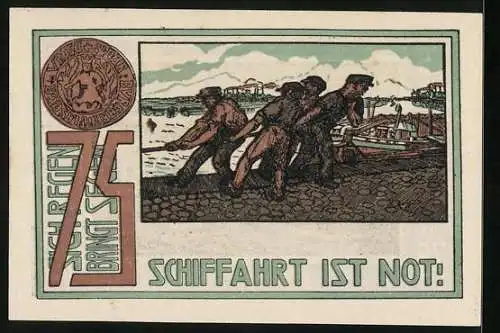 Notgeld Frohse 1921, 75 Pfennig, Männer im Hafen, Hafenpartie mit Blick zur Kirche