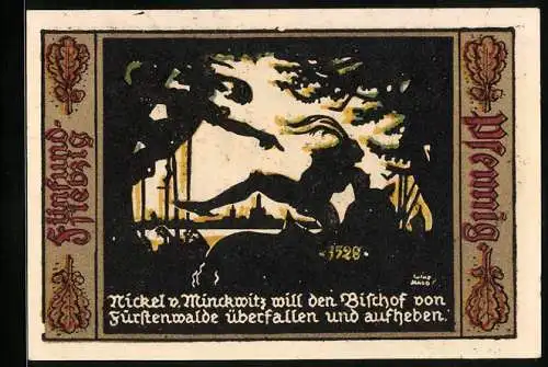 Notgeld Fürstenwalde /Spree 1921, 75 Pfennig, Nickel v. Minckwitz beim Überfall auf den Bischof 1528, Wappen, Gutschein