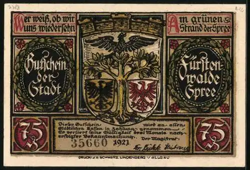Notgeld Fürstenwalde /Spree 1921, 75 Pfennig, Nickel v. Minckwitz beim Überfall auf den Bischof 1528, Wappen, Gutschein