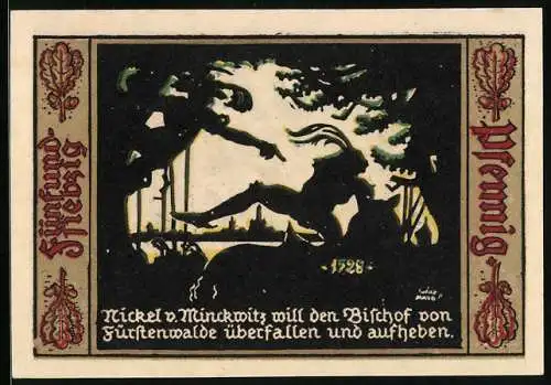 Notgeld Fürstenwalde /Spree 1921, 75 Pfennig, Nickel v. Minckwitz beim Überfall auf den Bischof 1528, Wappen, Gutschein