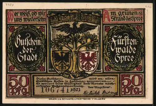 Notgeld Fürstenwalde /Spree 1921, 50 Pfennig, Hussiten plündern den Dom, Wappen, Gutschein