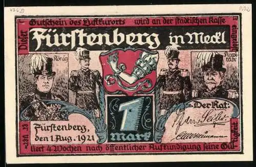 Notgeld Fürstenberg i. Meckl. 1921, 1 Mark, Schützenzunft mit König und Kapitän, Gutschein