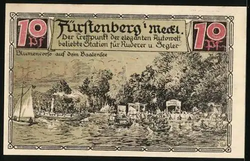 Notgeld Fürstenberg i. Meckl. 1921, 10 Pfennig, Blumencorso auf dem Baalensee, Wappen, Gutschein
