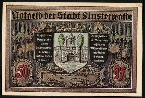 Notgeld Finsterwalde 1921, 50 Pfennig, Bürgermeister gewinnt die Bürgerheide, Wappen