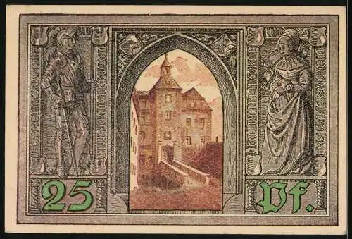 Notgeld Finsterwalde 1921, 25 Pfennig, Ortspartie und Wappen