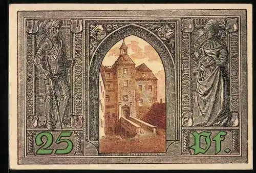 Notgeld Finsterwalde 1921, 25 Pfennig, Ortspartie und Wappen