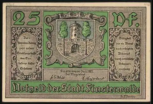 Notgeld Finsterwalde 1921, 25 Pfennig, Ortspartie und Wappen