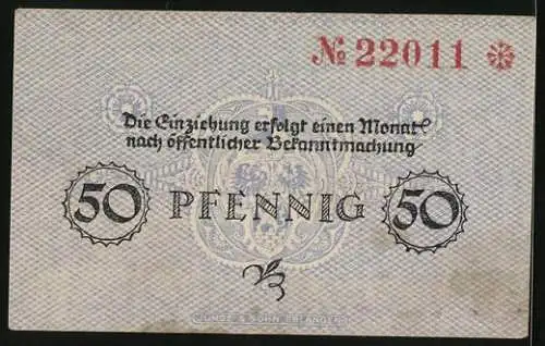 Notgeld Erlangen 1918, 50 Pfennig, Signatur Oberbürgermeister, Gutschein