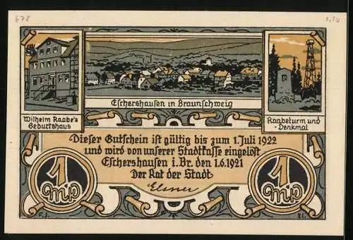 Notgeld Eschershausen i. Br. 1921, 1 Mark, Bildnis Wilhelm Raabe, Ortsansicht und Raabe`s Geburtshaus, Gutschein