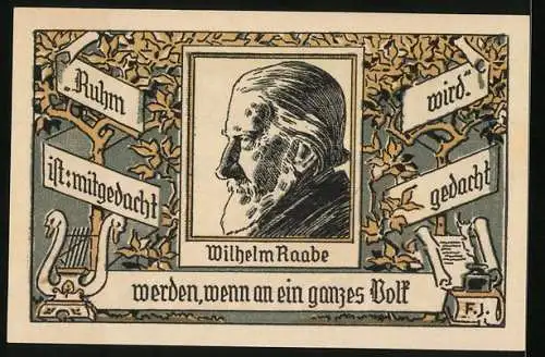 Notgeld Eschershausen i. Br. 1921, 1 Mark, Bildnis Wilhelm Raabe, Raabe`s Geburtshaus und Ortsansicht, Gutschein