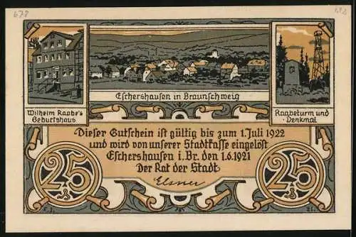 Notgeld Eschershausen i. Br. 1921, 25 Pfennig, Ortsansicht, Wilhelm Raabe`e Geburtshaus, Raabeturm u. Denkmal, Gutschein