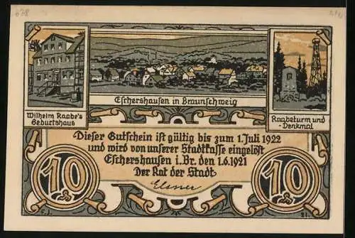 Notgeld Eschershausen i. Br. 1921, 10 Pfennig, Ortsansicht, Wilhelm Raabe`s Geburtshaus, Raabeturm u. Denkmal, Gutschein