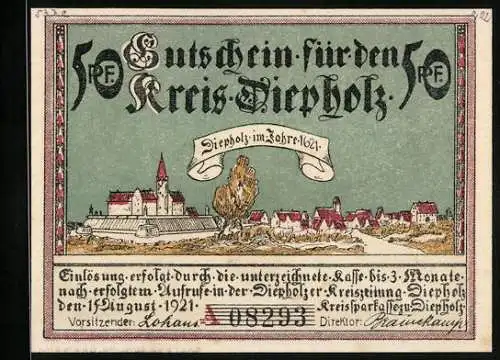 Notgeld Diepholz 1921, 50 Pfennig, Auburg bei Wagenfeld im Jahre 1654, Gutschein