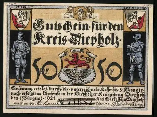 Notgeld Diepholz 1921, 50 Pfennig, Lemförde im Jahre 1621, Ritter und Wappen, Gutschein