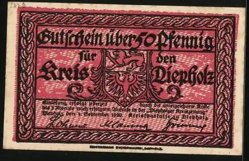 Notgeld Diepholz 1920, 50 Pfennig, Schloss zu Diepholz, Wappen Gutschein