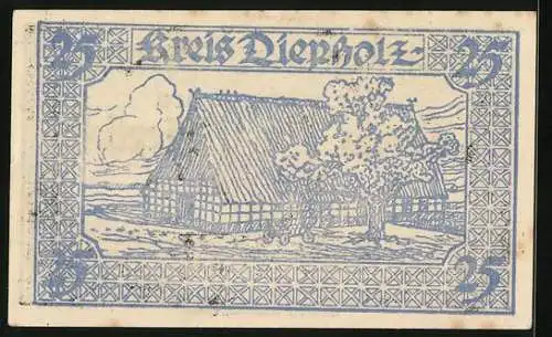 Notgeld Diepholz 1920, 25 Pfennig, Bauernkate und Wappen, Gutschein