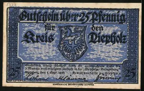 Notgeld Diepholz 1920, 25 Pfennig, Bauernkate und Wappen, Gutschein