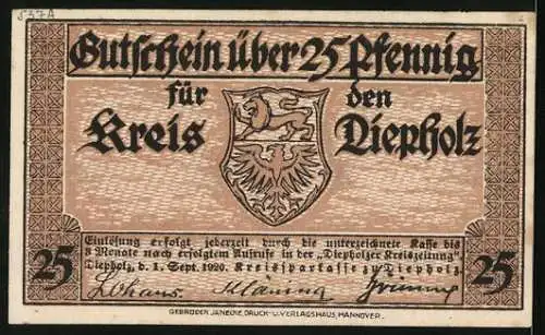 Notgeld Diepholz 1920, 25 Pfennig, Bauernkate und Wappen, Gutschein