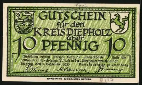 Notgeld Diepholz 1920, 10 Pfennig, Gänse auf der Weide, Wappen, Gutschein