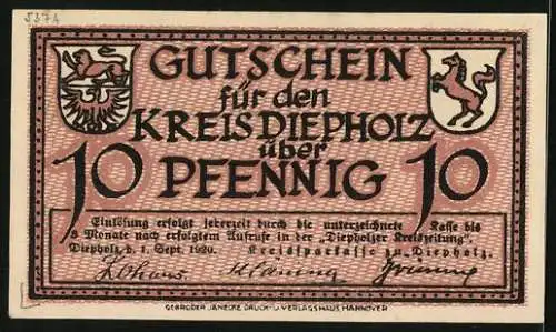 Notgeld Diepholz 1920, 10 Pfennig, Gänse auf der Weide, Wappen, Gutschein