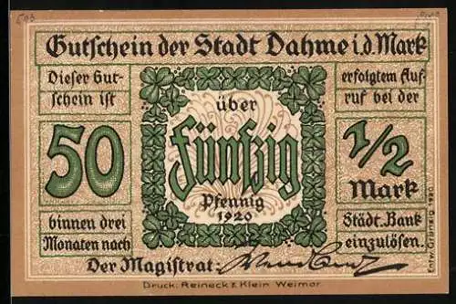 Notgeld Dahme i. d. Mark 1920, 50 Pfennig, Stadtschloss, jetzt Stadtschule, Gutschein