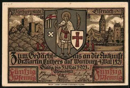 Notgeld Eisenach 1921, 50 Pfennig, Luthers Gefangennahme, Wappen und Wartburg