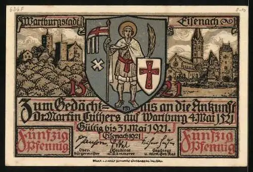 Notgeld Eisenach 1921, 50 Pfennig, Luthers Gefangennahme, Wappen und Wartburg