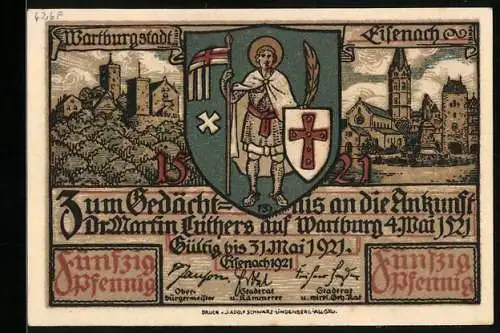 Notgeld Eisenach 1921, 50 Pfennig, Luther übersetzt das neue Testament, Wappen und Wartburg