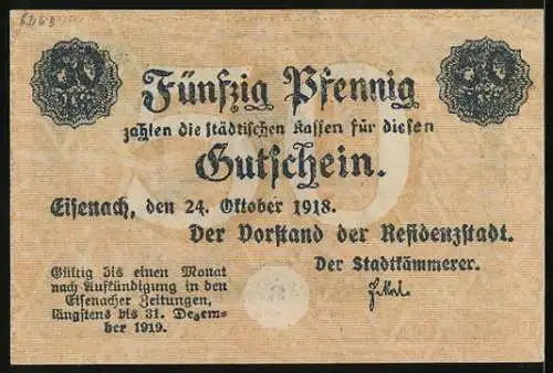 Notgeld Eisenach 1918, 50 Pfennig, Kämpfer mit Schwert und Schild, Gutschein