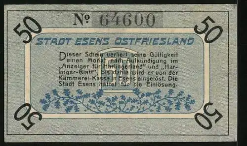 Notgeld Esens /Ostfriesland, 50 Pfennig, Wappen