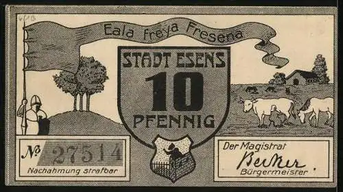 Notgeld Esens, 10 Pfennig, Wappen, Kühe auf der Weide, Ritter mit Banner Eala Freya Fresena