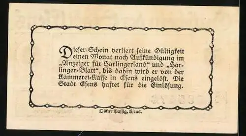 Notgeld Esens, 50 Pfennig, Esens im Jahre 1714, Wappen, Gutschein