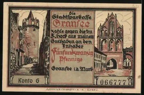 Notgeld Gransee i. d. Mark, 25 Pfennig, Ortspartie, Stadttor, Mann auf dem Turm