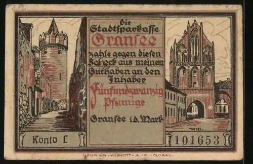 Notgeld Gransee i. d. Mark, 25 Pfennig, Ortspartie, Stadttor, Mann auf dem Turm