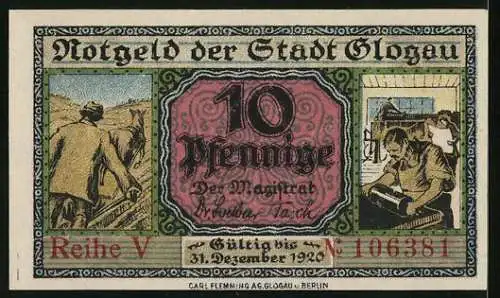 Notgeld Glogau 1920, 10 Pfennig, Schloss, Bauer auf dem Feld, Handwerker in der Werkstatt